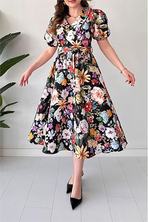 Neşeli butik kadın kuşaklı poplin kumaş desenli elbise NBMY3467