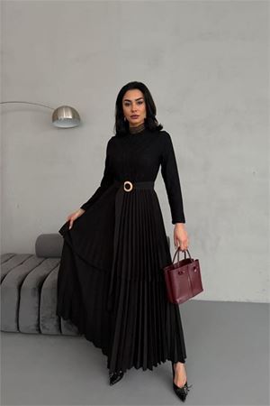 Neşeli butik kadın krep kumaş dantel detaylı kemerli uzun elbise NBMS2525