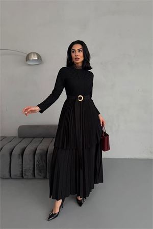 Neşeli butik kadın krep kumaş dantel detaylı kemerli uzun elbise NBMS2525