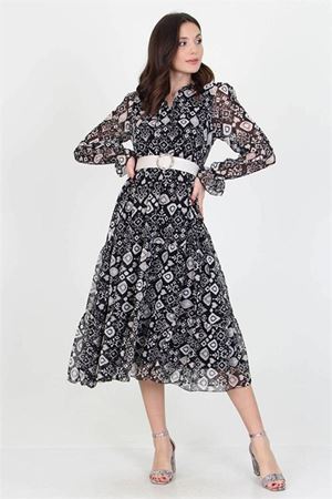 Neşeli butik kadın kemerli yakası bağlama detaylı desenli şifon elbise RSSN02