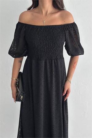 Neşeli butik kadın siyah kare yaka dantel elbise NBK053