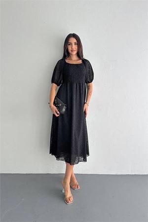 Neşeli butik kadın siyah kare yaka dantel elbise NBK053