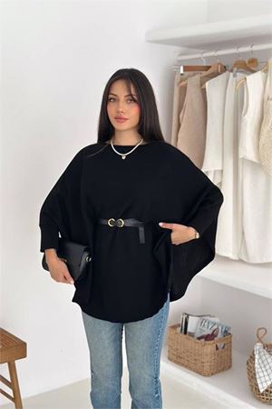 Neşeli butik kadın siyah kemer detaylı yarasa kol panço NBK5003