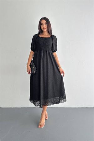 Neşeli butik kadın siyah kare yaka dantel elbise NBK053