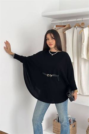 Neşeli butik kadın siyah kemer detaylı yarasa kol panço NBK5003