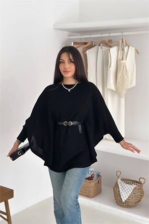 Neşeli butik kadın siyah kemer detaylı yarasa kol panço NBK5003