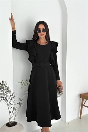 Neşeli butik kadın kol fırfırlı kemerli midi boy elbise NBK4309