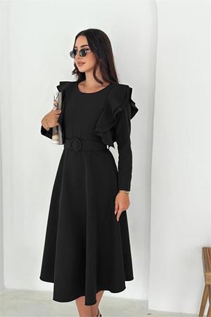 Neşeli butik kadın kol fırfırlı kemerli midi boy elbise NBK4309