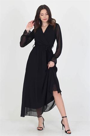 Neşeli Butik Kadın Yeni Sezon Astarlı Kruvaze Yaka Uzun Şifon Elbise NB003
