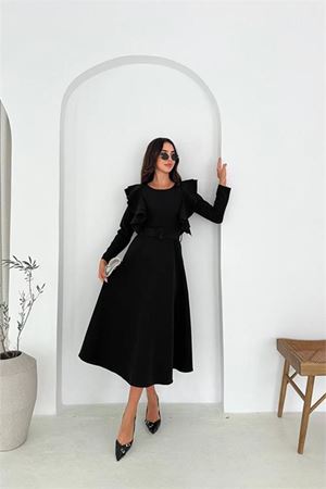 Neşeli butik kadın kol fırfırlı kemerli midi boy elbise NBK4309