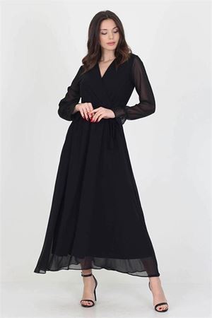 Neşeli Butik Kadın Yeni Sezon Astarlı Kruvaze Yaka Uzun Şifon Elbise NB003