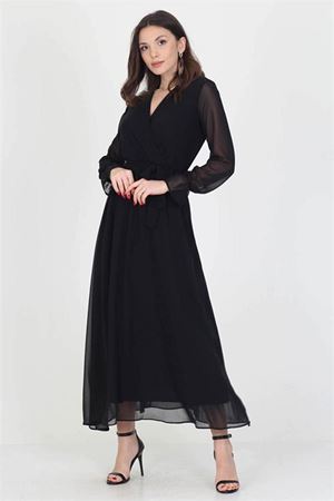 Neşeli Butik Kadın Yeni Sezon Astarlı Kruvaze Yaka Uzun Şifon Elbise NB003