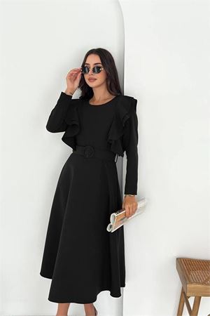 Neşeli butik kadın kol fırfırlı kemerli midi boy elbise NBK4309