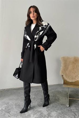 Neşeli butik kadın kuşak detaylı astarlı kaşe kaban NBG120