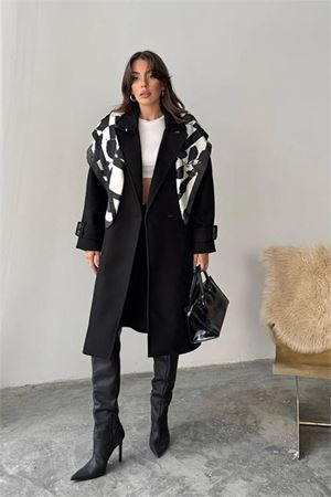 Neşeli butik kadın kuşak detaylı astarlı kaşe kaban NBG120