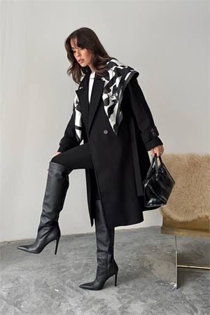 Neşeli butik kadın kuşak detaylı astarlı kaşe kaban NBG120