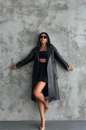 Neşeli butik kadın Marilyn siyah suni deri trençkot NBMYLK21