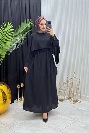 Neşeli butik kadın siyah pelerinli bel bağlama detaylı tesettür elbise NMS088