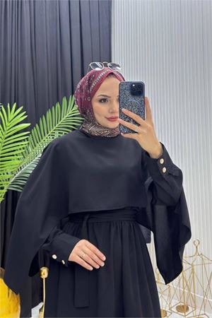 Neşeli butik kadın siyah pelerinli bel bağlama detaylı tesettür elbise NMS088