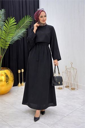 Neşeli butik kadın siyah pelerinli bel bağlama detaylı tesettür elbise NMS088