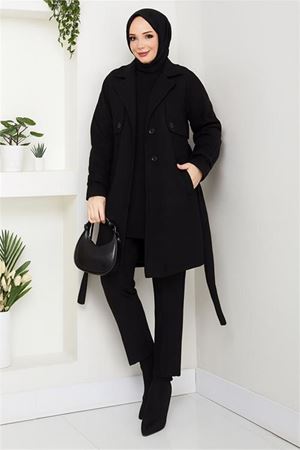 Neşeli butik kadın kısa boy kuşaklı düğmeli astarlı kaşe kaban NBFT003