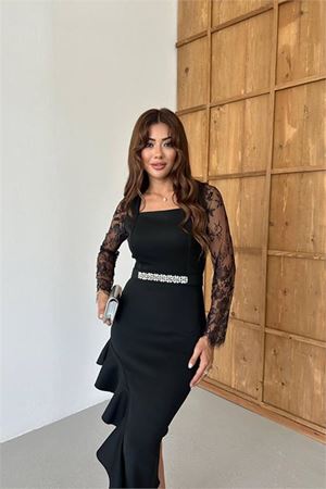 Neşeli butik kadın dantel detaylı taş kemerli asimetrik abiye elbise NBNC2603