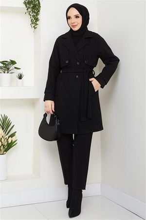 Neşeli butik kadın kısa boy kuşaklı düğmeli astarlı kaşe kaban NBFT003