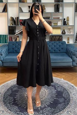 Neşeli butik kadın siyah fırfır detaylı midi elbise NBMY3739