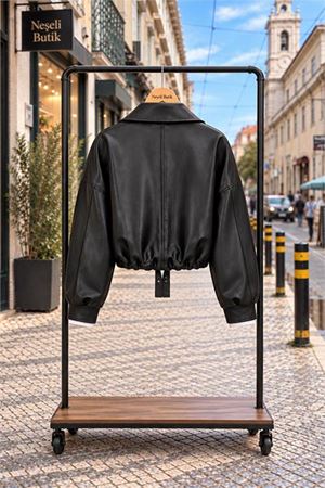 Neşeli butik kadın siyah kol detaylı fermuarlı oversize crop suni deri ceket NBMRS01