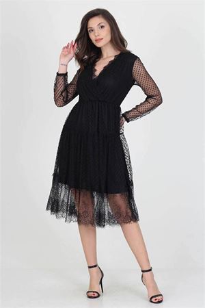 Neseli butik kruvaze yaka eteği güpür detaylı yeni sezon elbise NB0010
