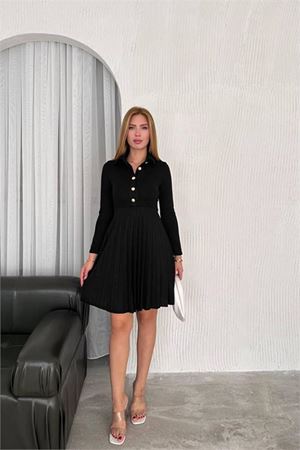 Neşeli butik kadın triko düğme detaylı piliseli mini elbise NBK2166