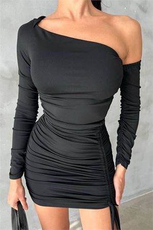 Neşeli butik kadın siyah tek kol büzgülü mini elbise NBDF081