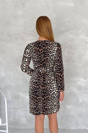 Neşeli butik kadın kemerli bisiklet yaka leopar desenli mini elbise NBK2162