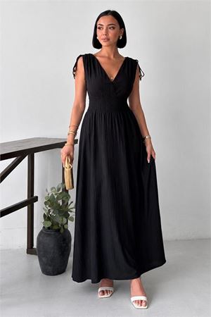 Neşeli butik kadın siyah bel lastikli kruvaze yaka omuz bağlama detaylı tam boy elbise NBG133