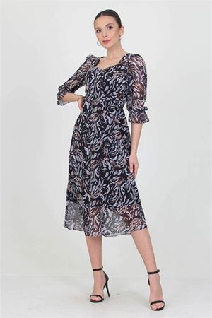 Neşeli butik kadın siyah kalp yaka yeni sezon desenli şifon elbise RY0030