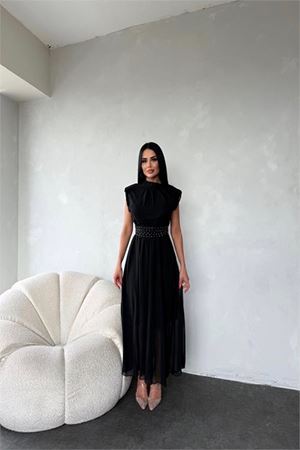 Neşeli butik kadın kuşağı taş detaylı midi şifon elbise NBMY3509