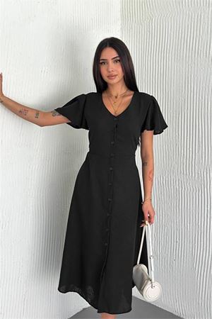 Neşeli butik kadın kuşaklı kruvaze yaka keten elbise NBK058