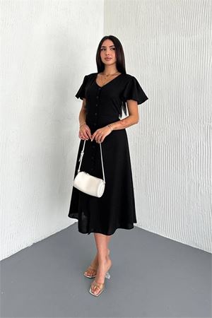Neşeli butik kadın kuşaklı kruvaze yaka keten elbise NBK058