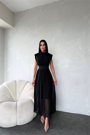 Neşeli butik kadın kuşağı taş detaylı midi şifon elbise NBMY3509