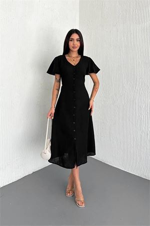 Neşeli butik kadın kuşaklı kruvaze yaka keten elbise NBK058