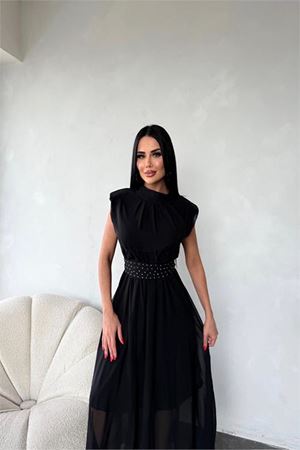 Neşeli butik kadın kuşağı taş detaylı midi şifon elbise NBMY3509
