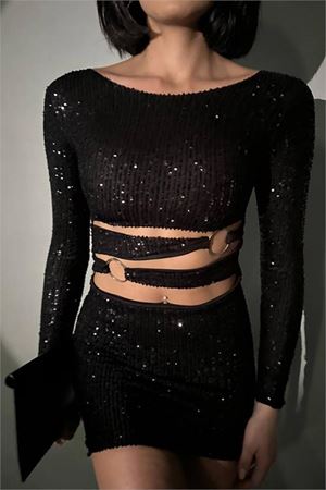 Neşeli butik kadın siyah halka detyalı mini pul payet elbise NBDF106