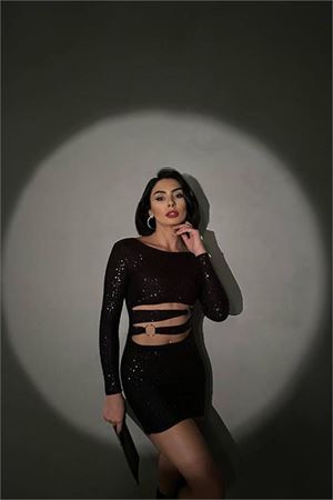 Neşeli butik kadın siyah halka detyalı mini pul payet elbise NBDF106