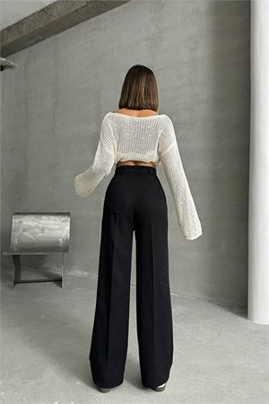 Neşeli butik kadın siyah atlas kumaş palazzo pantolon NBG061