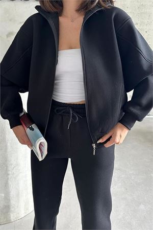 Neşeli butik kadın siyah içi polarlı Jennifer eşofman takımı NBG028