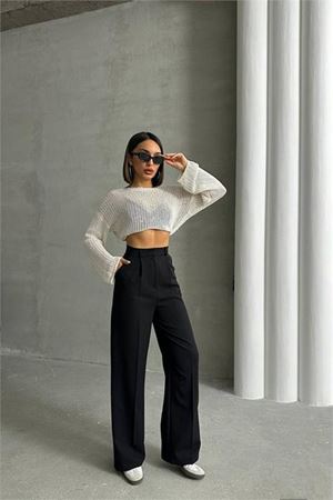 Neşeli butik kadın siyah atlas kumaş palazzo pantolon NBG061