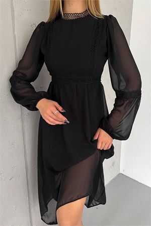 Neşeli butik kadın siyah midi boy astarlı şifon elbise NBK2024