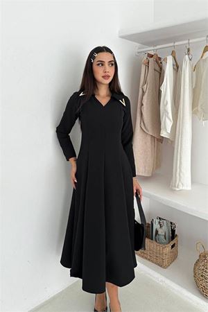 Neşeli butik kadın gold yaka detaylı midi boy uzun kollu elbise NBK4360