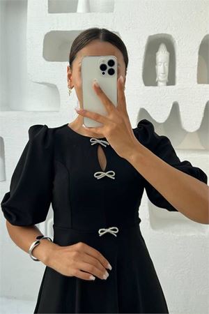 Neşeli butik kadın kurdele detaylı midi boy balon kol elbise NBMY3578