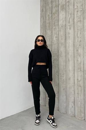 Neşeli butik kadın siyah fitilli balıkçı yaka alt üst triko takım NBDM1215